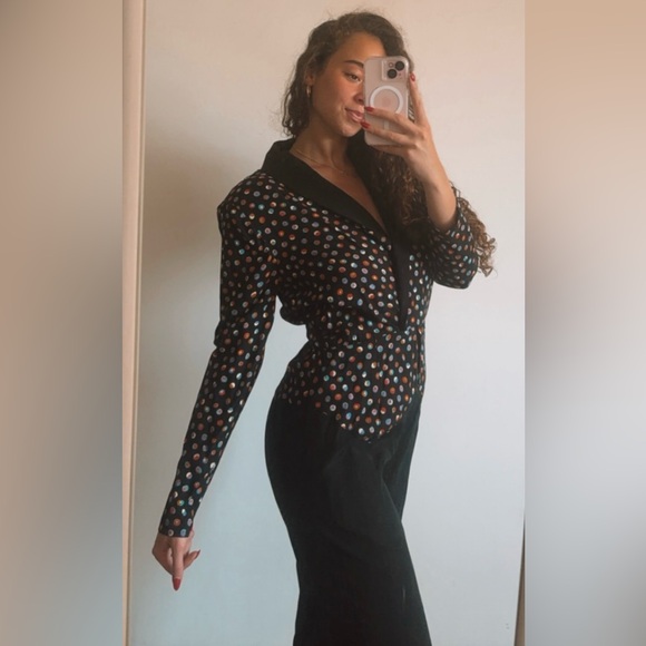 Vintage 80s Tareti by Howard Lei Colorful Polka Dot Zig Zag Blazer Jumpsuit - Picture 6 of 16